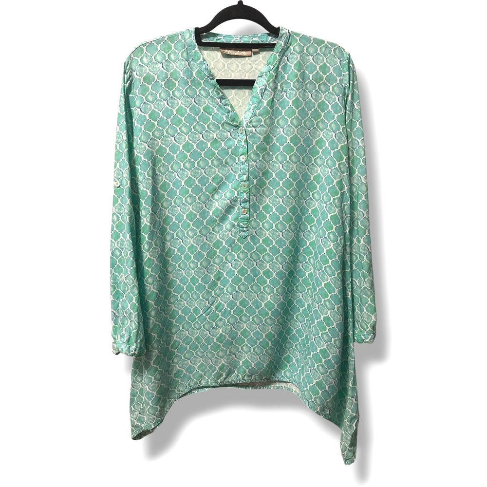 Utsa Kurta Tunic Top Quatrefoil Print Blue Green Size L Boho Casul Coastal